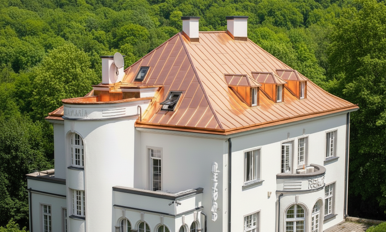 Kobbertak med stående falser på en hvit villa omgitt av grønn natur, utført av HM Blikk AS