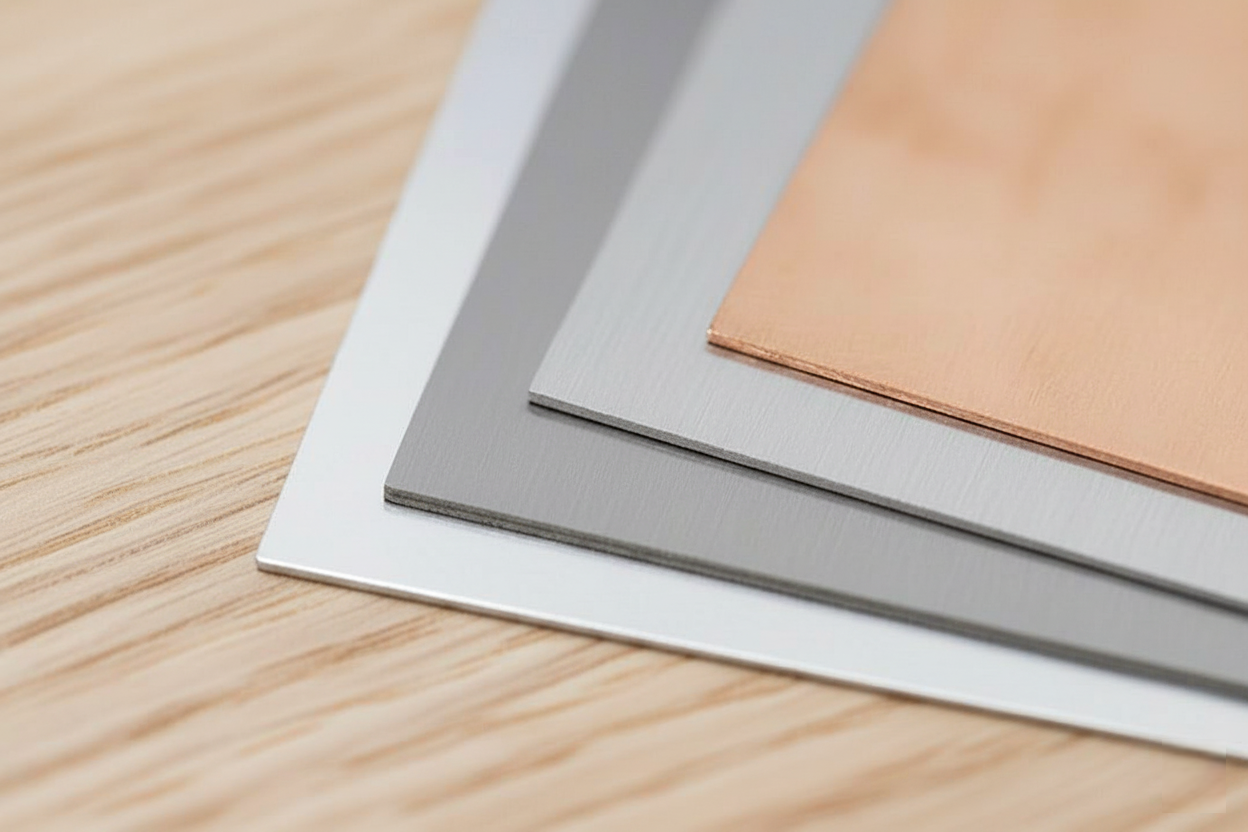 Prøver av metallplater i kobber, sink og aluminium lagt på treplate – materialer brukt i blikkenslagerarbeid fra HM Blikk AS.